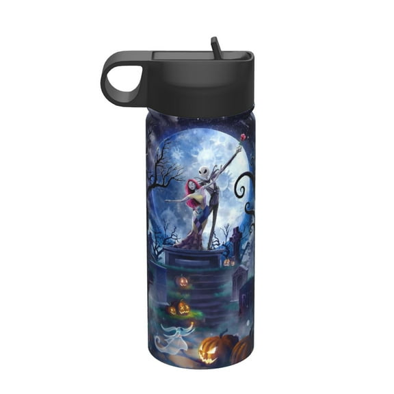 Bottle The Nightmare Before Christmas Insulated Stainless Steel Wide Mouth Water Bottle With Straw, 18oz Portable Leak Proof Drinking Bottle For Sports School And Travel