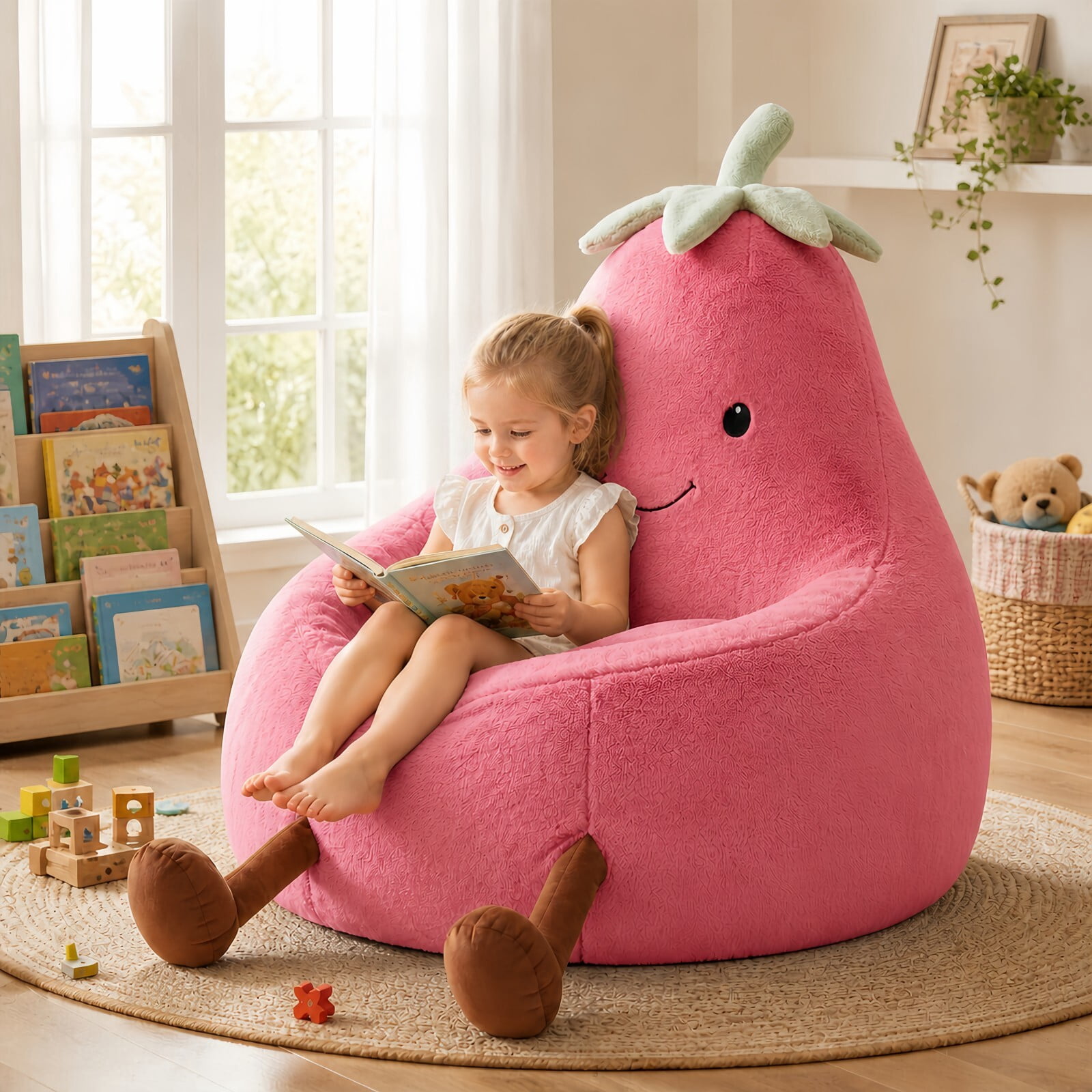 Kelno 31" Kids Bean Bag Chair Faux Rabbit Fur Lazy Chair Toddler Couch, Rose Red