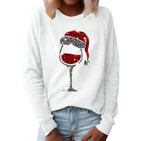 Ilomwu Womens Tops O Neck Christmas Print Sweater Long Sleeve Womens Winter Sweatshirts,White,XL