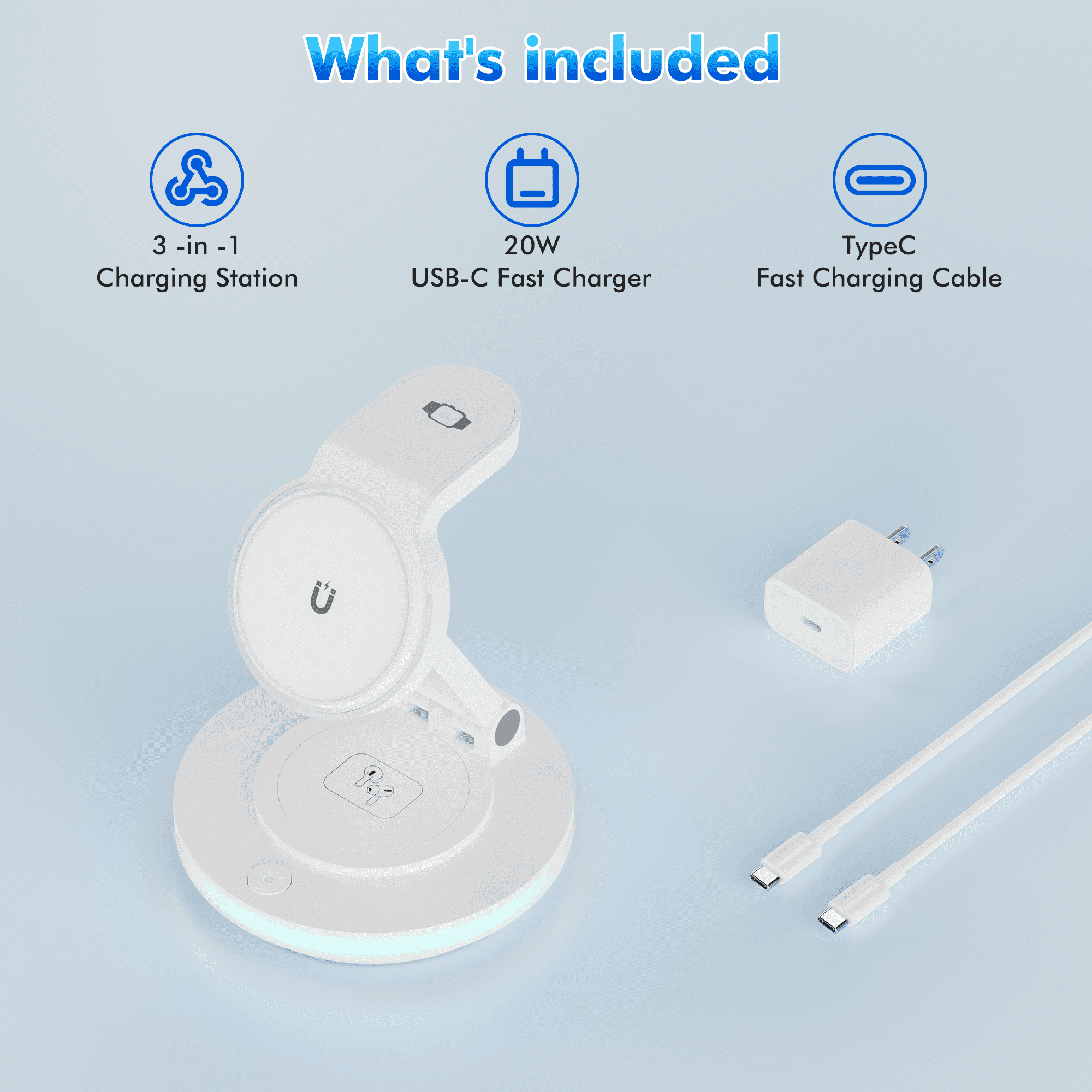 OWNTECH 20W 3-in-1 Wireless Charging Station Compatible with iPhone 16/15/14/Pro/Max, Apple Watch, AirPods Pro/4/3/2 - Fast Charger Pad with Night Light & Adapter Included (White)