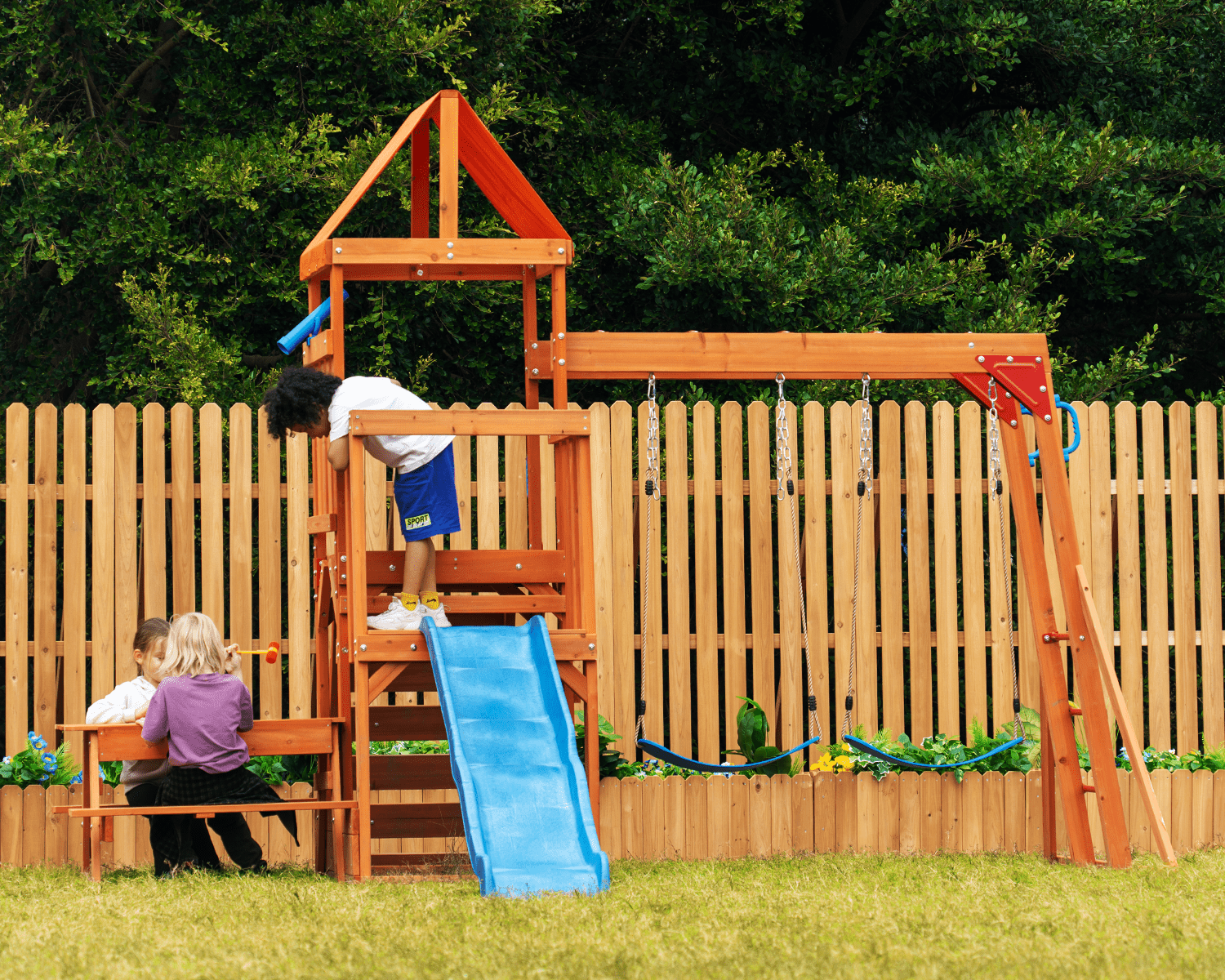DOLPHIN PLAYGROUND Outdoor Wooden Playset with Monkey Bars, Wave Slide, Climbing Wall, Picnic/Sand Table