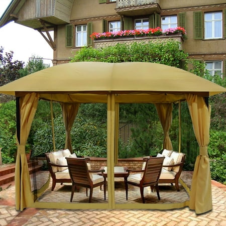 Quictent 12x12 Metal Gazebo with Mosquito Netting Sides Screened Gazebo Canopy Pergola for Deck, Patio and Backyard Waterproof-Tan