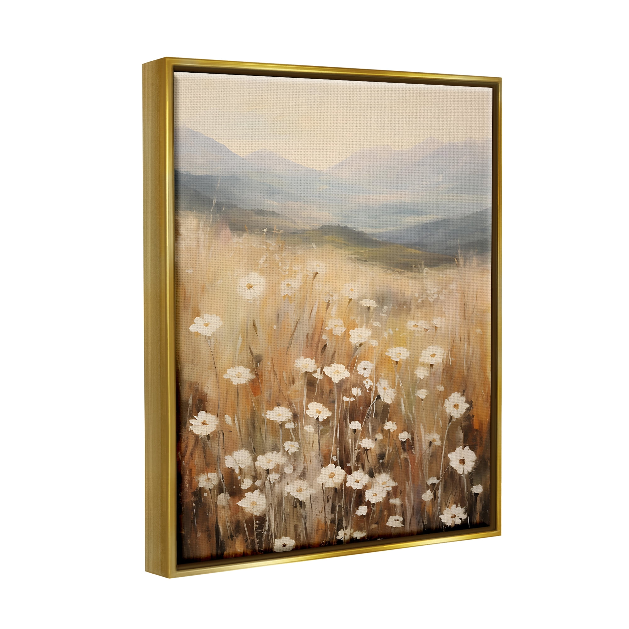 Stupell Industries Mountain Valley Meadow Botanical & Floral Painting Gold Floater Framed Canvas Art Print Wall Art, 17 x 21