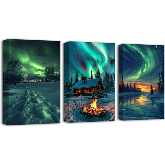 Hieng Aurora Borealis Wall Art Northern Lights Wall Decor 3 Pieces Snow Forest Trees Lake Bonfire Picture Prints Nature Landscape Poster (only canvas)