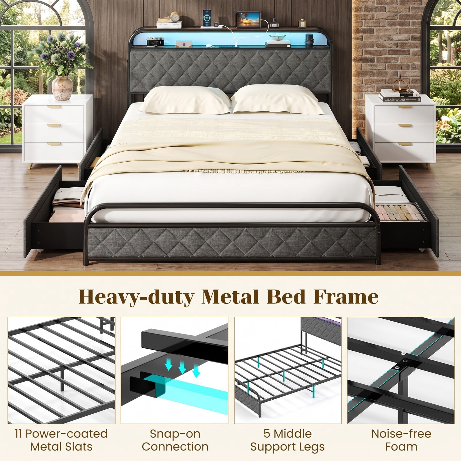 Furnibear Queen Size Metal Platform Bed Frame with LED Lights and 4 Storage Drawers with USB Charging Station for Bedroom, Gray