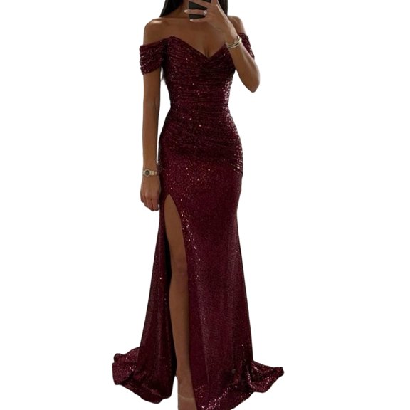 Sparkling Sequins Slit Cocktail Dress Elegant Pleated Long Gowns for Women Parties and Prom Night