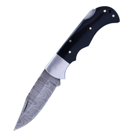 TheBoneEdge 6.5"" Damascus Blade Folding Knife Black Resin Handle Steel Bolster With Pouch