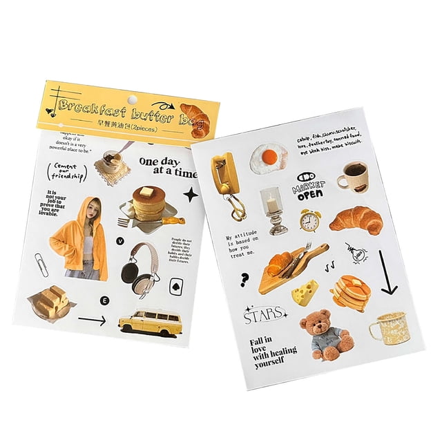 Pegatinas de papel Ticfox 2 Hojas para álbum de recortes Calcomanías Decorativas Desayuno Mantequilla Pan