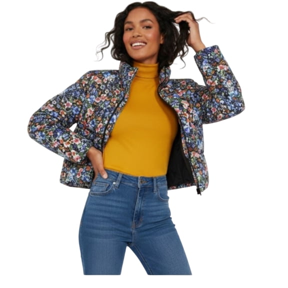 Women's Floral Print Short Puffer Jacket, Lightweight Quilted Padded Coat with Stand Collar
