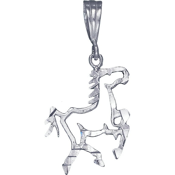 Sterling Silver Horse Charm Pendant Necklace with Diamond Cut Finish and 18 Inch Rolo Chain
