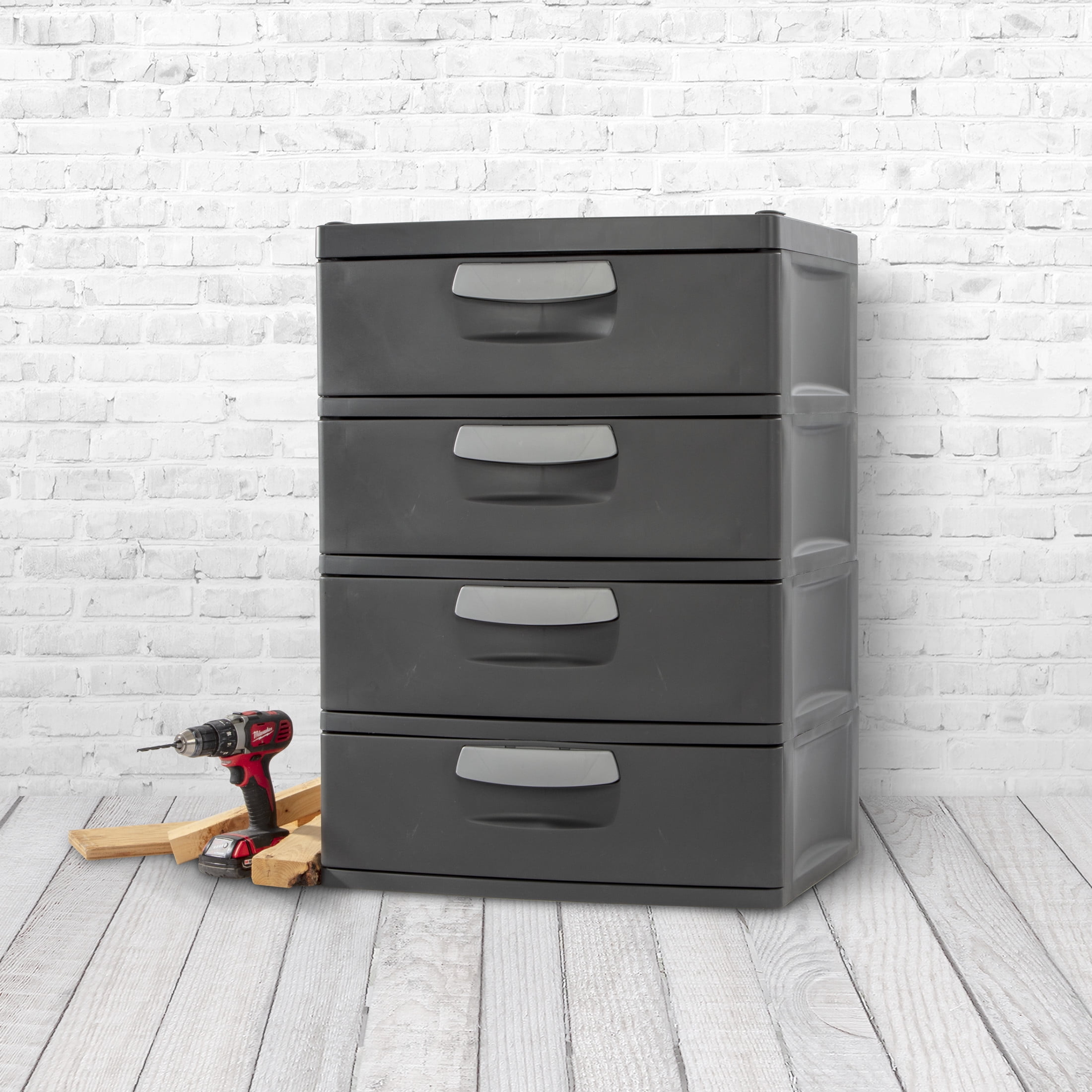 (2 pack) Sterilite 4 Drawer Unit, Durable Plastic Storage Solution for Garages and Basements, Dark Gray