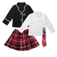 thumbnail image 4 of Runhomal Kids Girls School Uniform Formal Suit Long Sleeve Coat Shirt and Plaid Mini Skirt with Tie Black 140, 4 of 5