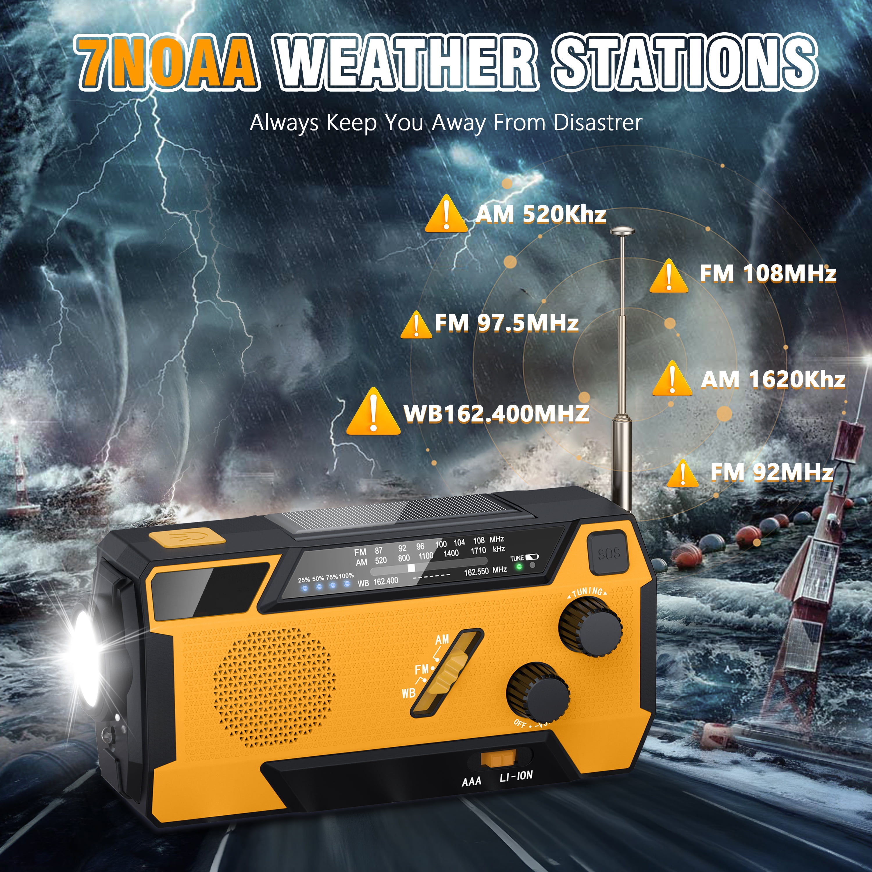 Jazmm Hand Crank Emergency Radio, Emergency Radio,Solar Radio,NOAA/AM/FM Weather Radio, 7400mWh Battery Operated 3 in 1 Charging Cable, LED Reading Light,SOS, for Winter Storm Hurricane Survival Gear