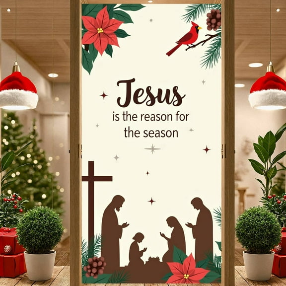 Nativity Scene Christmas Banner Cross Design Religious Display Cardinal Bird Poinsettia Flower Nativity Backdrop for Christmas Celebration Church Event Religious Gathering