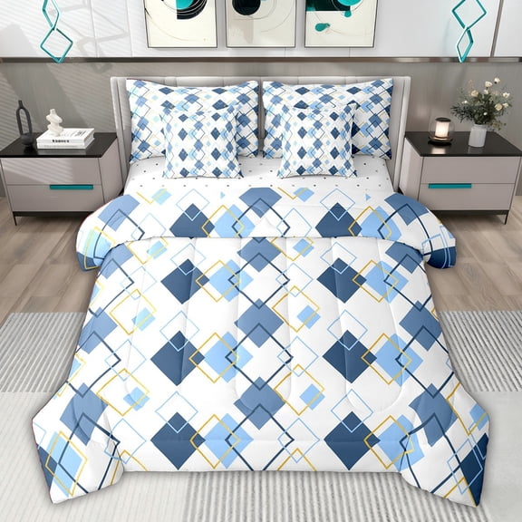 jejeloiu Modern Geometric Rhombus 7-Piece Twin Bedding Sets,White Blue Bedding Comforter Set For Girls Boys Reversible