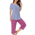 thumbnail image 2 of Aqestyerly Ensemble de Pyjama, Blouse Décontractée à Manches Courtes et Col Rond pour Femmes avec Pantalon Assorti pour Pyjama Confortable/violet(S), 2 of 5