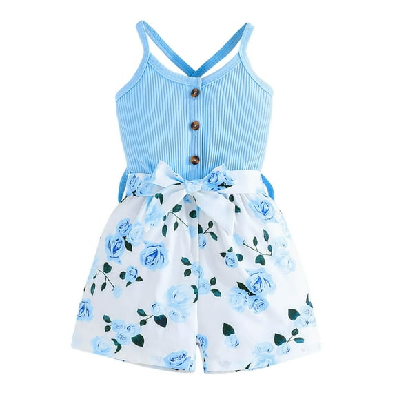 TOOYOU Girls Romper Summer Fashion Solid Color Tops Floral Print Short Sleeveless Jumpsuit Bow Knot Children'S Clothing Leisure Playsuit Bodysuits For Toddler ,Size 5-6 Years Blue