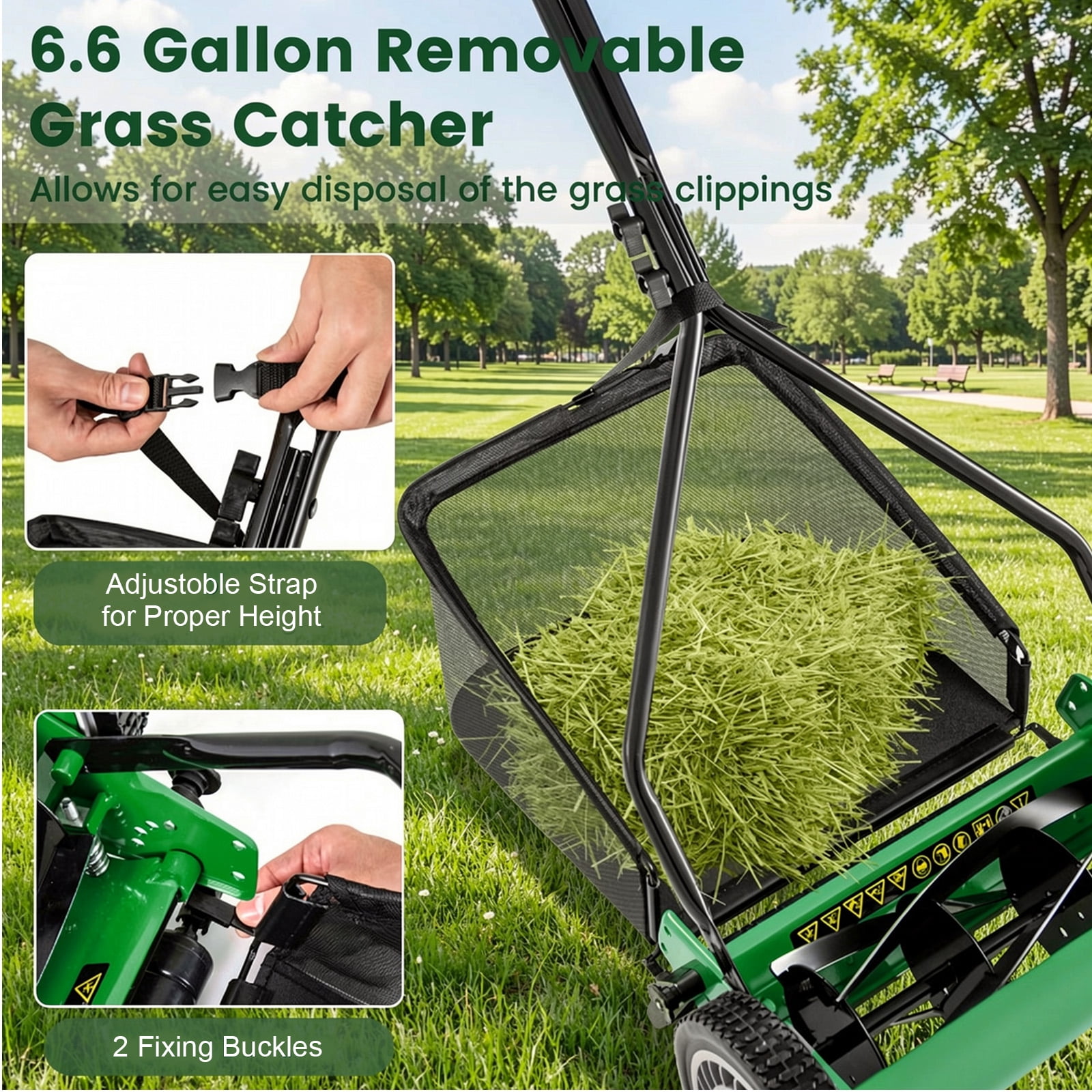 Biotree 14 Inch Push Lawn Mower with 5 Steel Blades and Grass Catcher Bag-Green Manual Reel Eco-Friendly