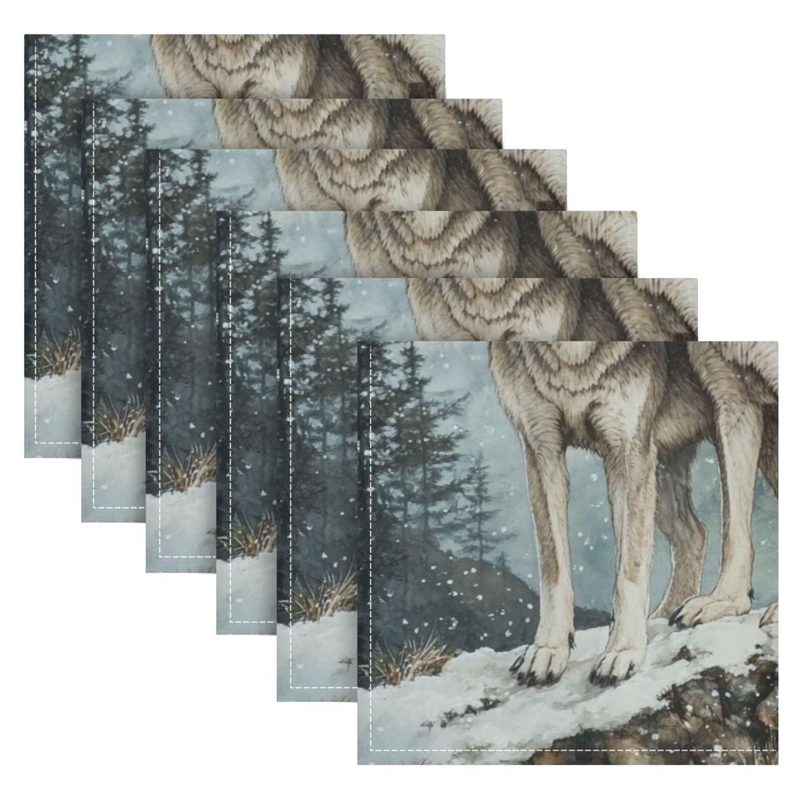 JSTEL 2 Wolves Snow Montain Cloth Napkins Set of 6, 20x20 Inch Washable and Reusable Napkin for Decoupage Dinner Party Everyday Use