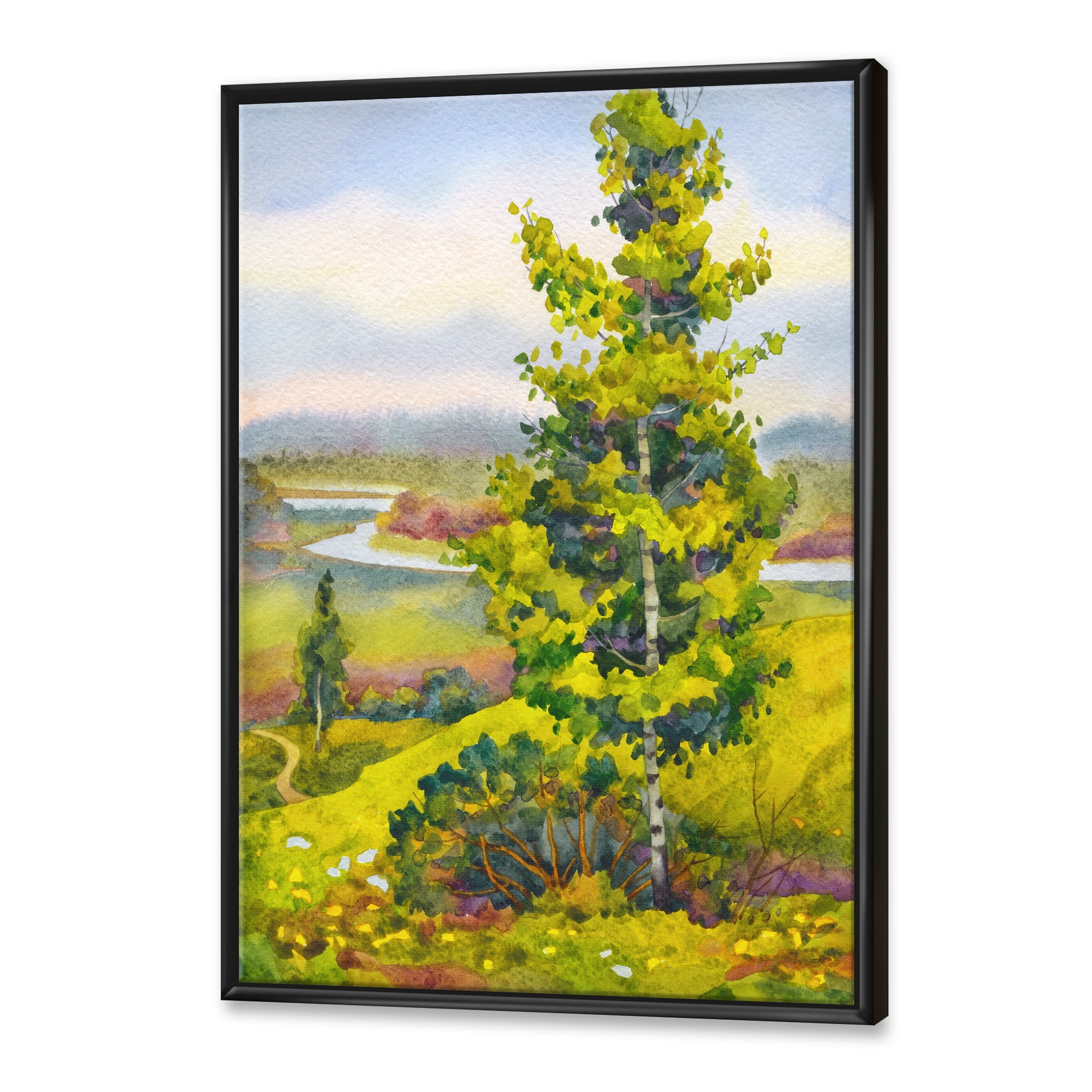 Designart 'Colorful Young Orange Betulas Along Bank Of Calm Bay' Lake House Framed Canvas Wall Art Print