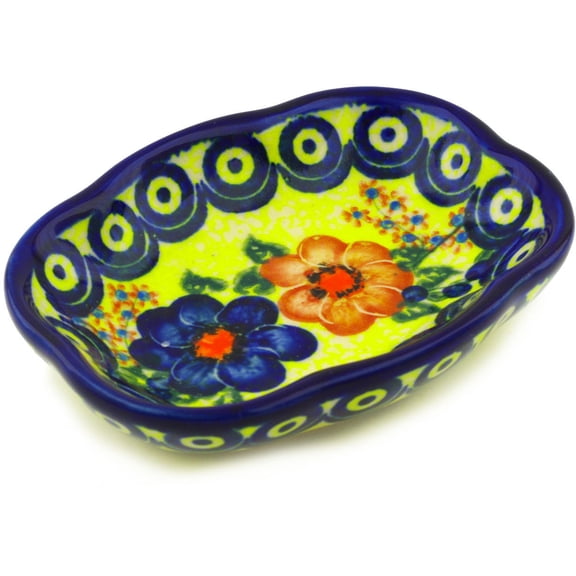 Polish Pottery 5-inch Soap Dish (Neon Poppies Theme) Hand Painted in Boleslawiec, Poland Certificate of Authenticity