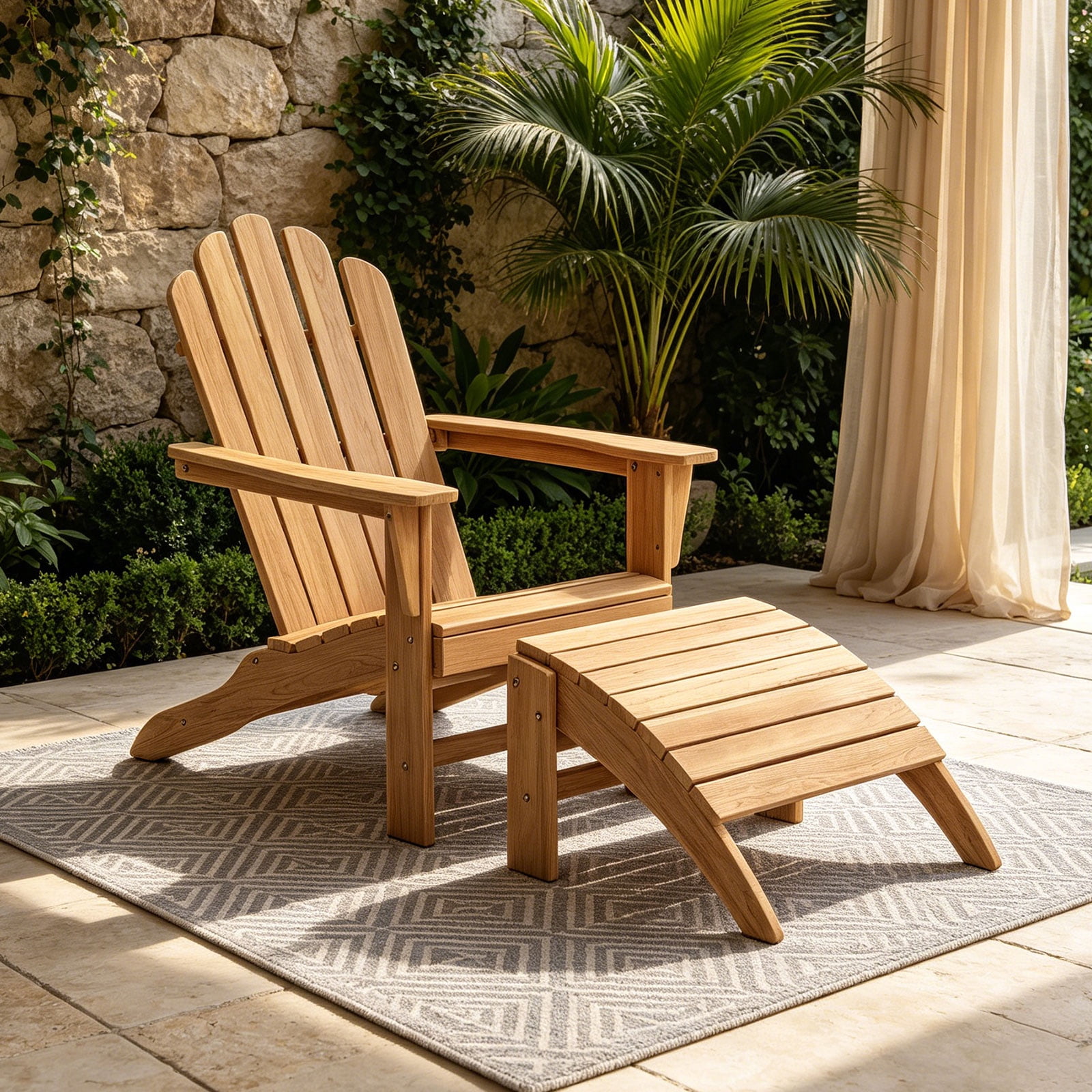 Outdoor Wooden Adirondack Chair with Footrest, Teak Leisure Line Adirondack Chair All Weather Fire Pit Chair Suitable for Patio Lawn Gardens Terraces Poolside