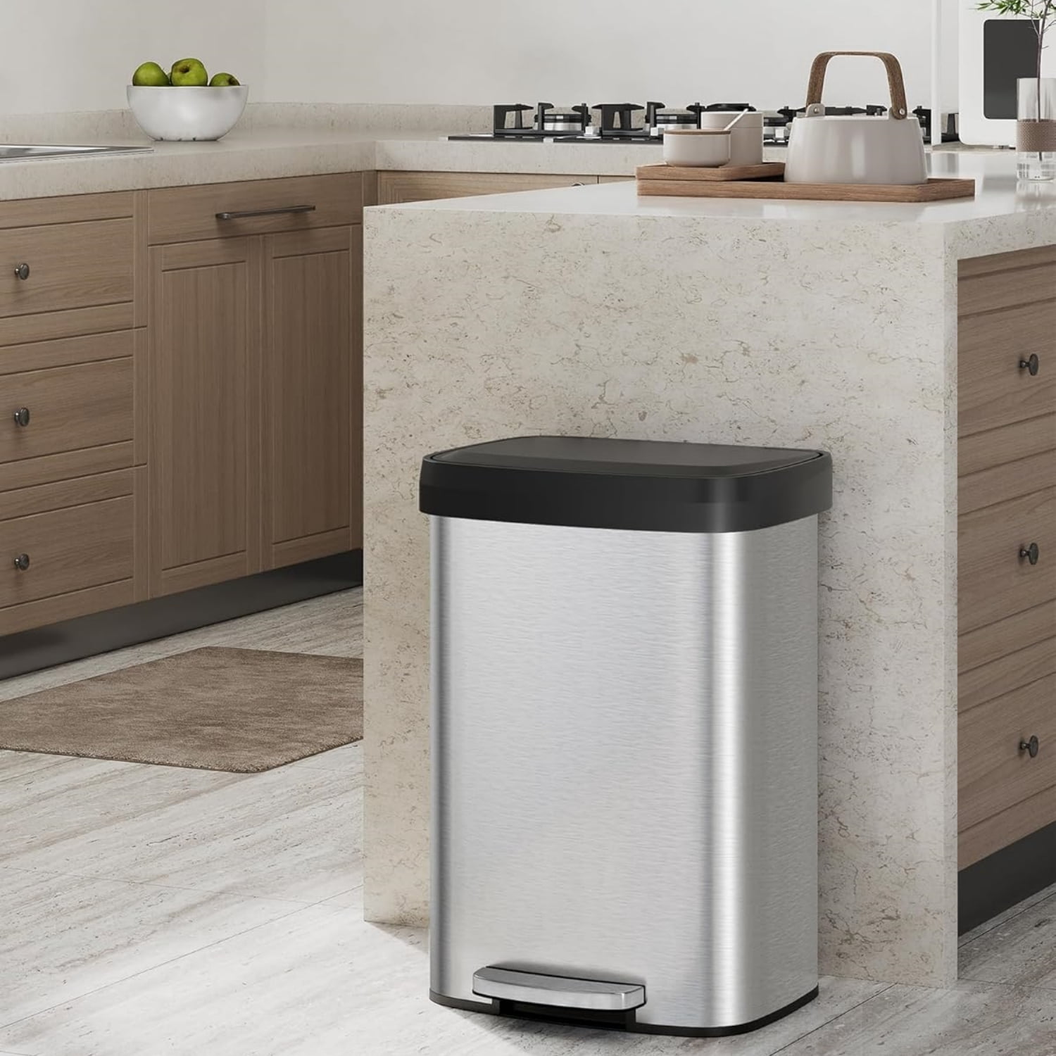 Garvee 13.2 Gallon Step-on Trash Can for Kitchen, with Liner Rim & Soft Close Plastic Lid, Silver