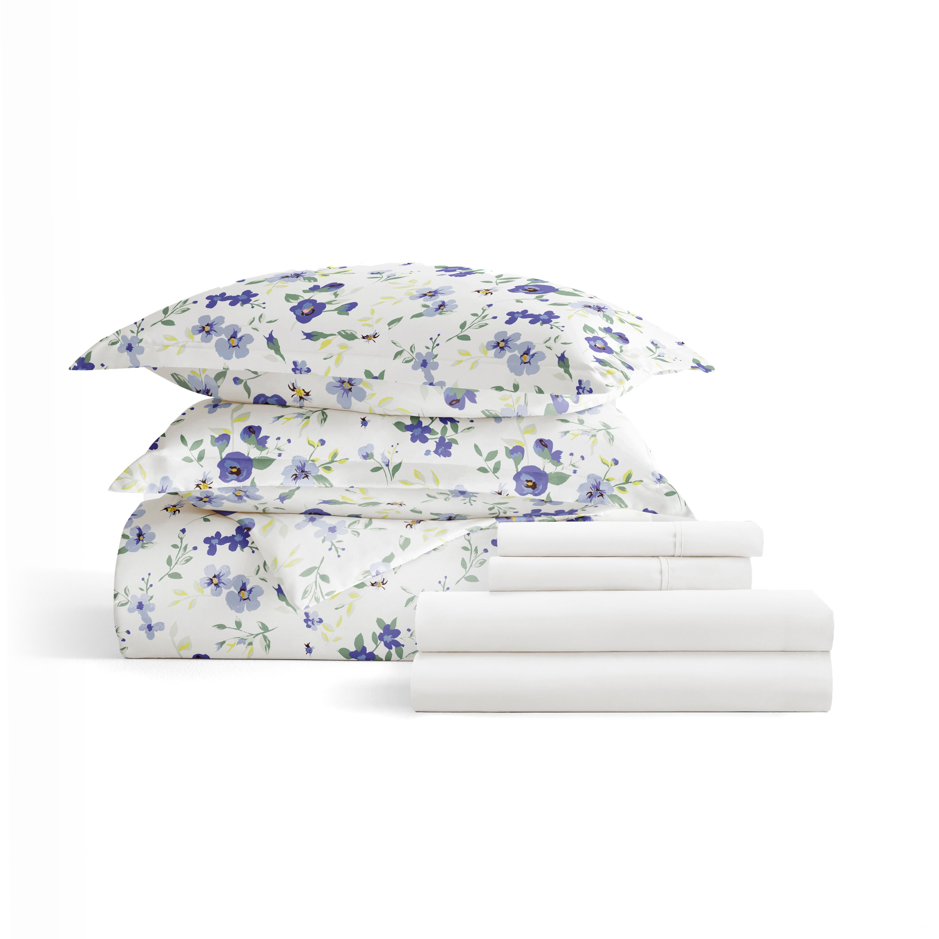 8PC Bedding Bundle - Patterned Duvet Cover Set White Comforter and Solid Sheet Set in Blossoms