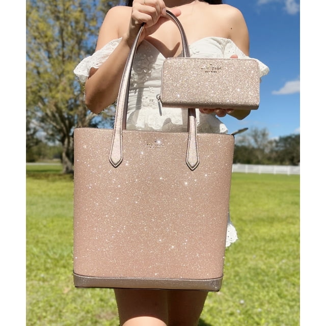 Large Designer Kate Spade Tinsel Rose Gold Glitter Shoulder Tote Bag