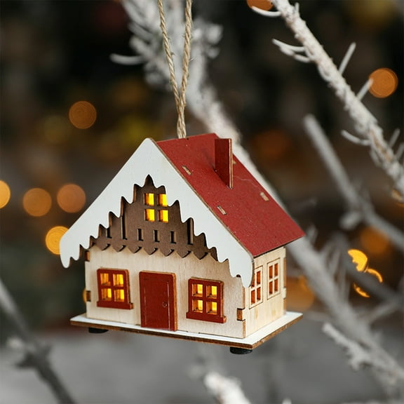 YOHAVEN Wooden Christmas House Ornament with LED Light, 4" Holiday Cabin Decor, Light Up Xmas Decorations for Desktop Table Mantle Window Party