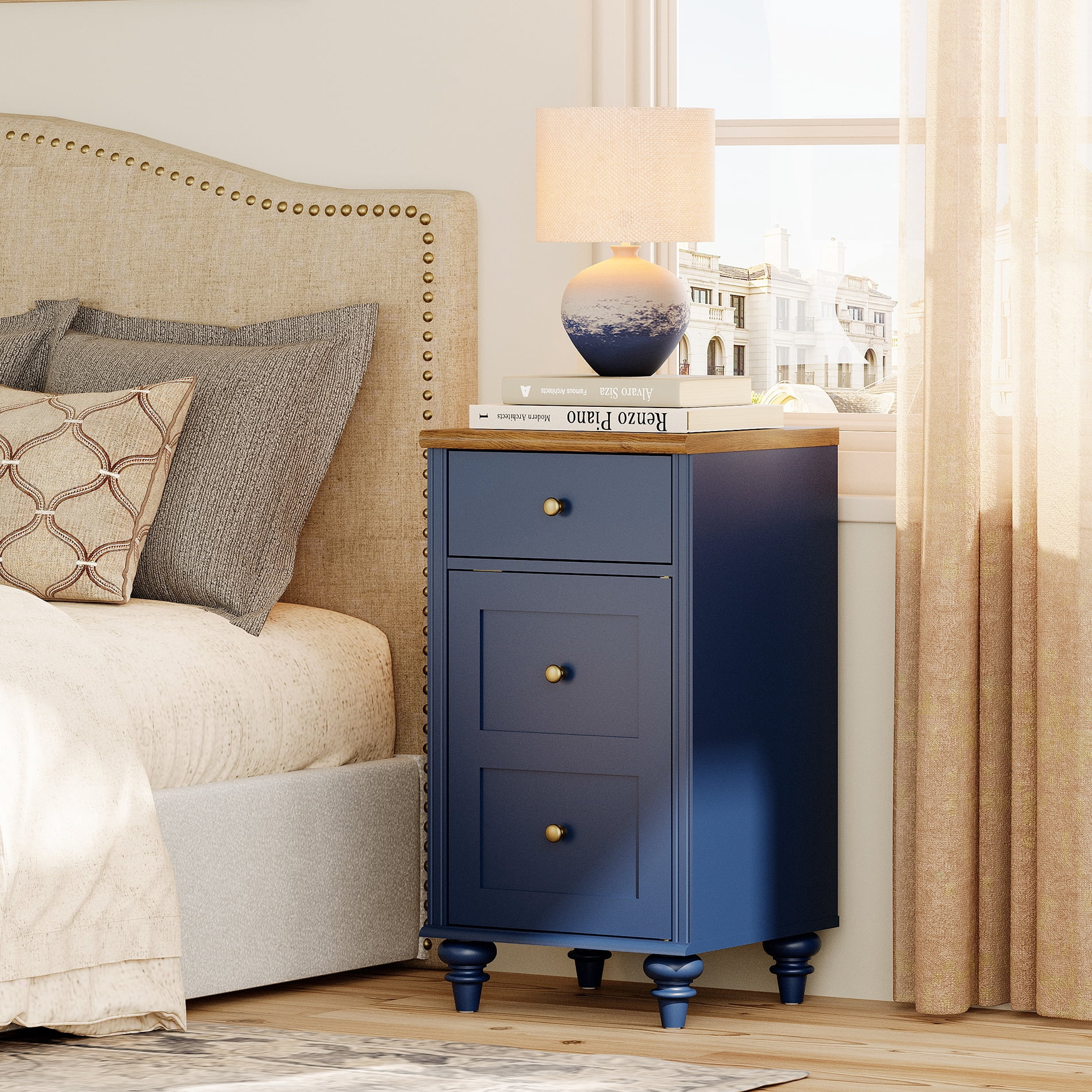 End Table with Charging Station, Nightstand with Power Outlets & USB Ports, Navy Blue, 2 PCS