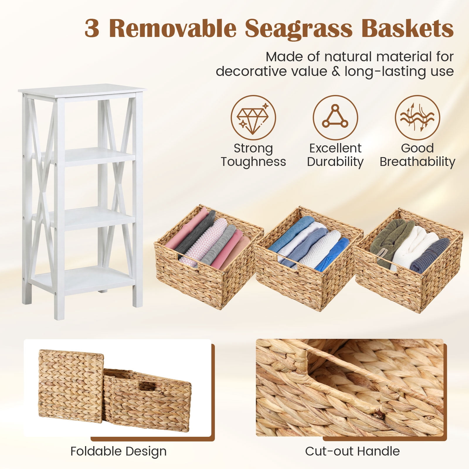 Costway 2PCS 4-Tier Nightstand with 3 Seagrass Baskets, Acacia Wood Legs for Living Room White & Natural