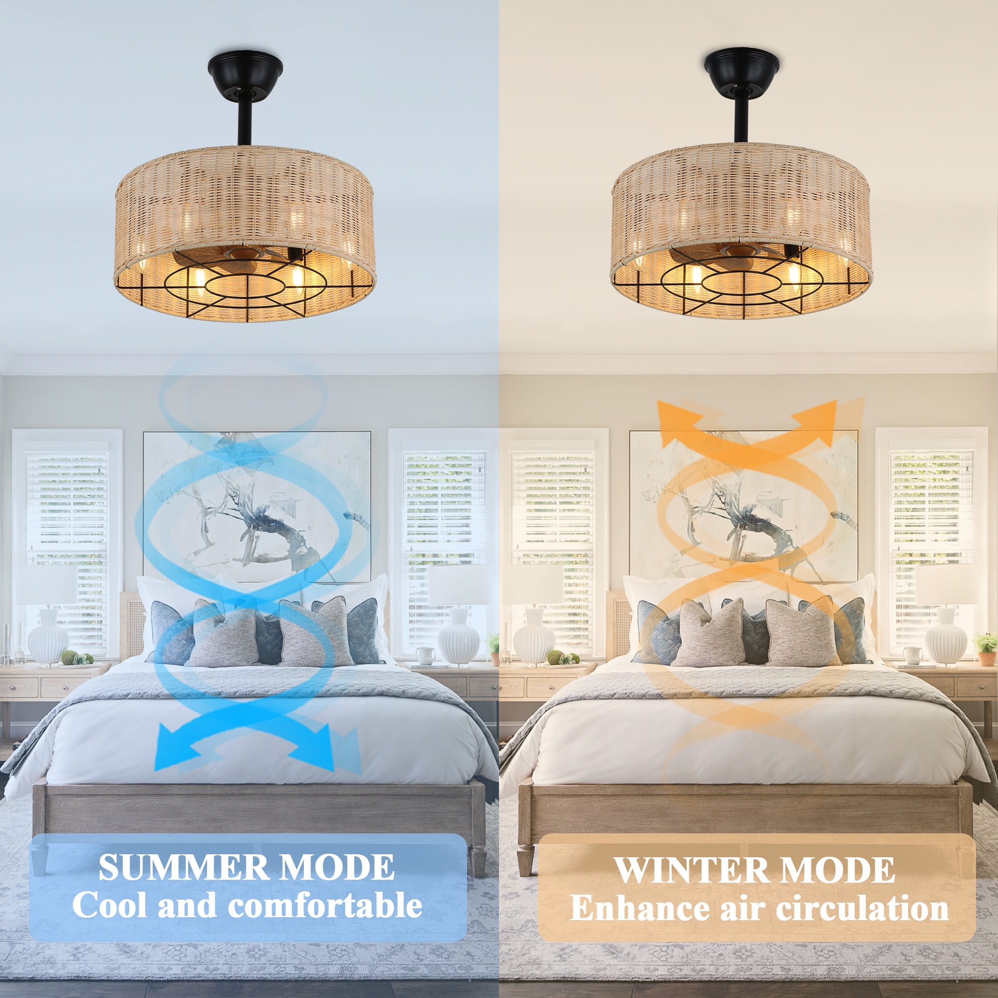 Cusp Barn 18" Rattan Caged Ceiling Fan with Light Fandelier Ceiling Fan for Bedroom, Remote Control, 3-Speed, E12 Bulb, Black