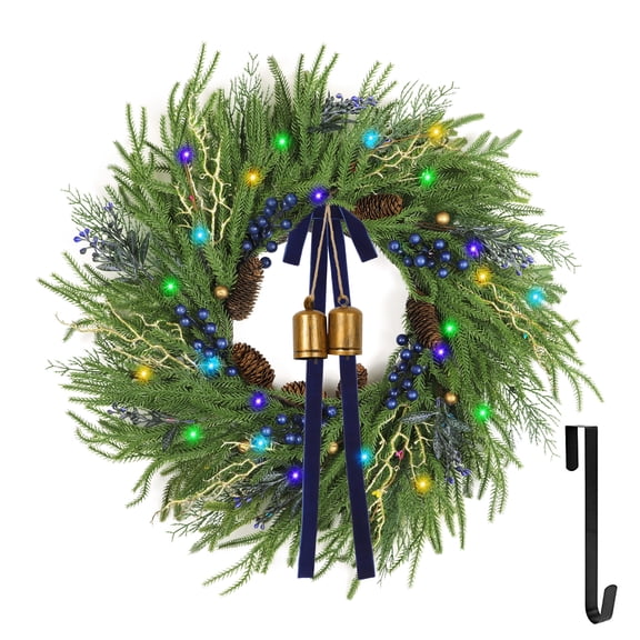 HKKDKTA 24" Pre-Lit Norfolk Pine Christmas Wreath for Front Door, Christmas Door Wreath with Hook, Xmas Decor