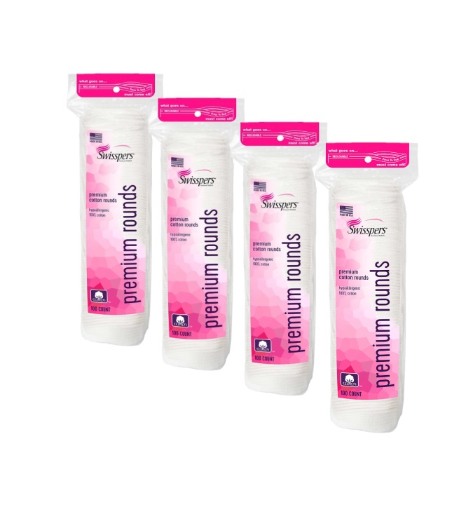 4 Pack Swisspers Premium Hypoallergenic Cotton Rounds, 100 Count