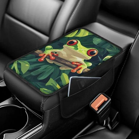 Yuyamidu Funny Frog Car Center Console Cover with Storage Pockets Cute Car Arm Rest Cushion Pad Car Interior Accessories Green Auto Armrest Cover Pad