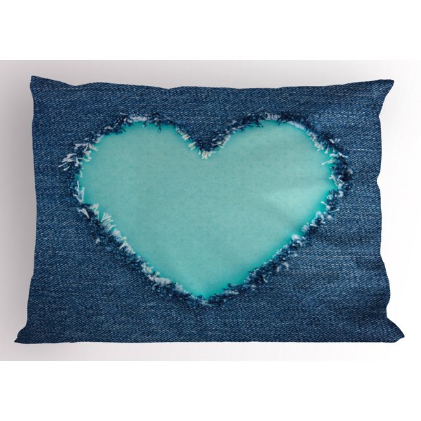 Navy and Teal Pillow Sham Ripped Denim Jean Fabric Image Heart Shape