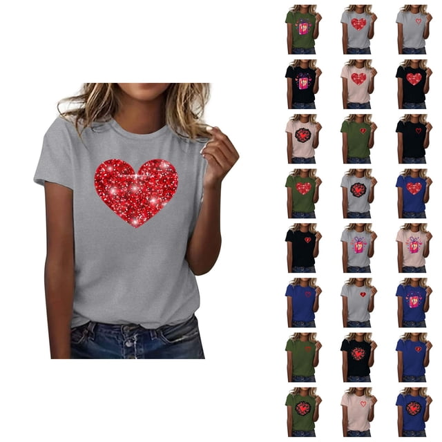 T-shirts de la Saint-Valentin pour Femmes 2026 à Manches Courtes Col Rond avec Cœur Graphique