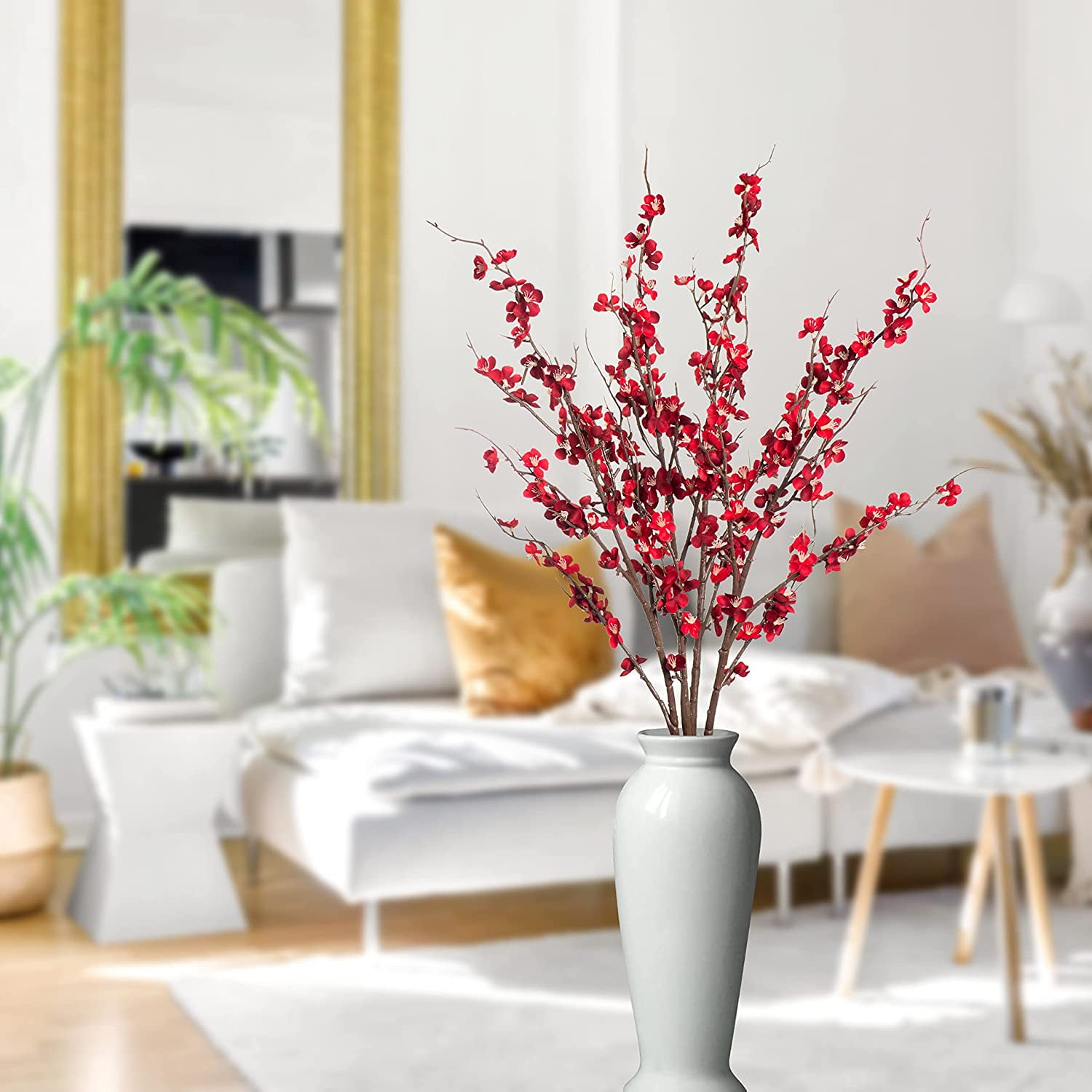 Artificial Plum Blossom Fake Silk Cherry Blossom Branches Flowers,Faux Long Stems Wintersweets Arrangement for Wedding Home Office Bedroom Spring Party Decor(White)