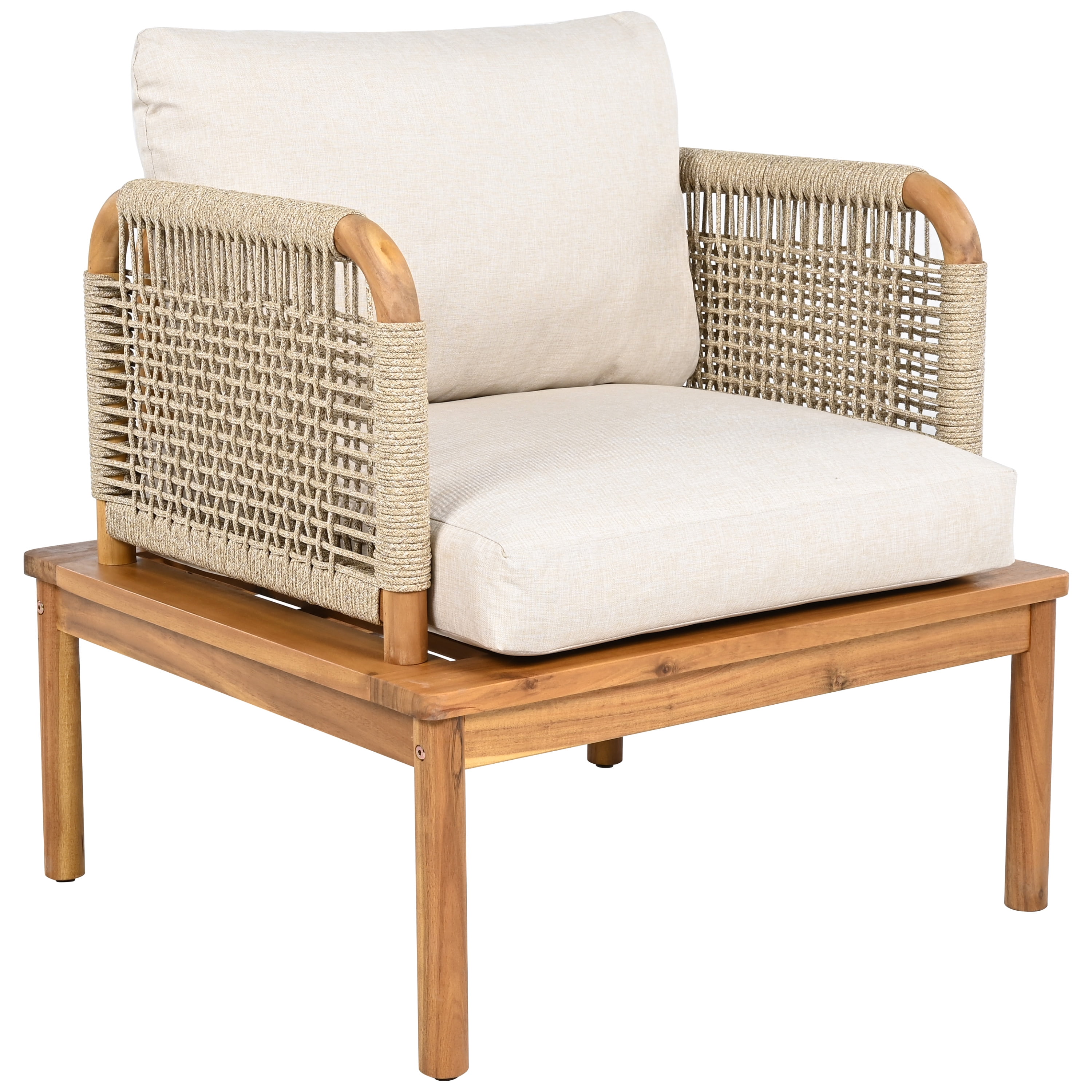 Outdoor Acacia Wood & Rope Club Chair with Plush Cushion, Weather-Resistant Patio Lounge Chair for Garden Porch Backyard, Teak+Beige