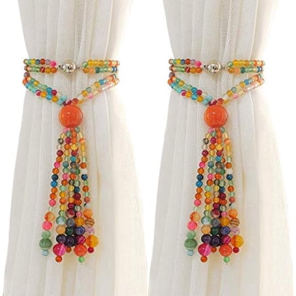 2 Pack Magnetic Curtain Tiebacks Colorful Natural Agate Beaded Tassel Drapery Holdbacks Boho Curtain Ties Funky Home Decor for Bedroom Living Room