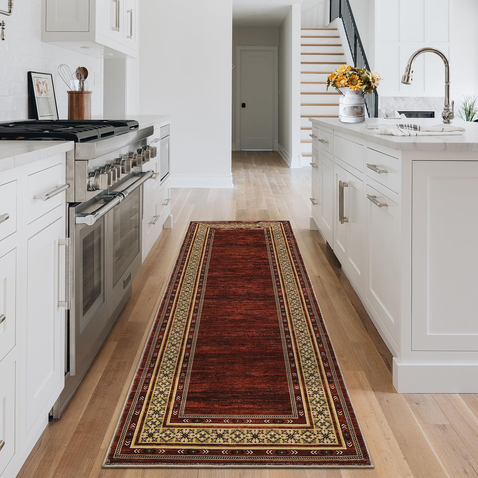 Washable 2x6 Hallway Runner Rugs, Soft Non Slip Kitchen Rug Carpet, Indoor Modern Geometric Rugs, Low Pile Throw Runner for Laundry Entryway Bathroom, Red