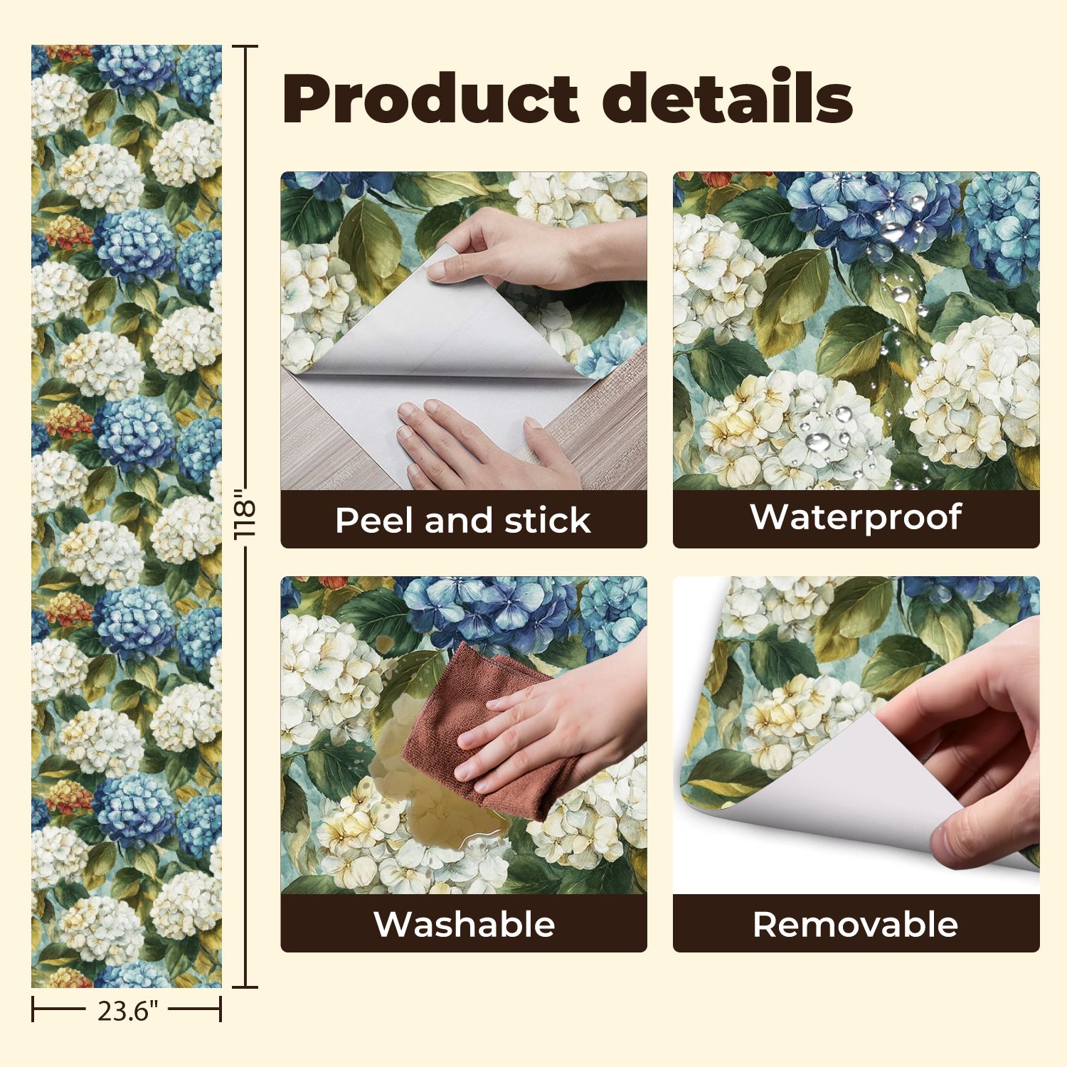 Peel and Stick Wallpaper Vibrant Hydrangea Floral Blue White Yellow Blooms Wall Mural 23.6in x 9.8ft Self Adhesive Removable Wall Paper Renter Friendly Wallpaper for Nursery Bedroom Cabinets