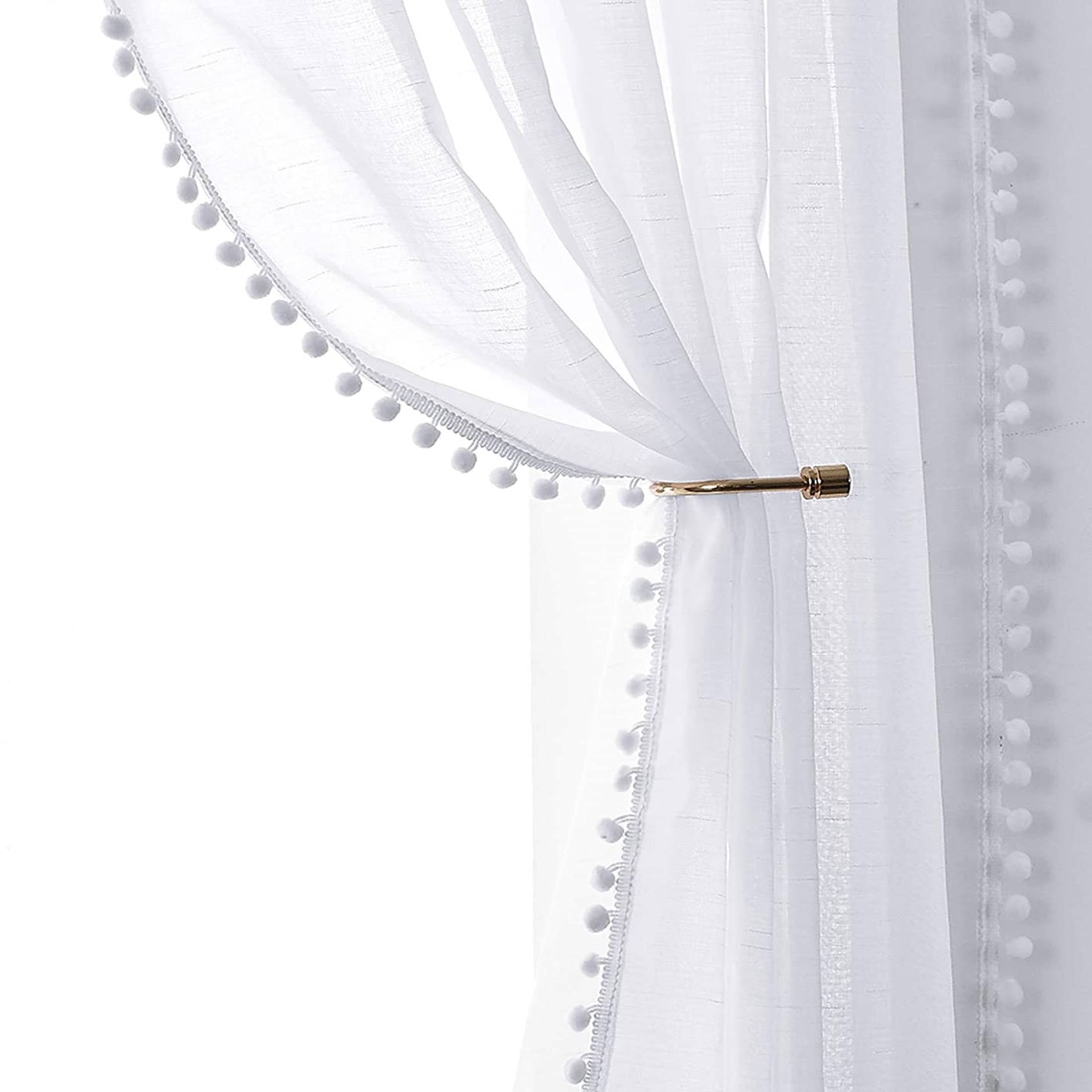Exultantex White Pom Pom Linen Curtains 95 Inch Long Sheer Panels Elegant Decorative Voile for Living Room,Rod Pocket