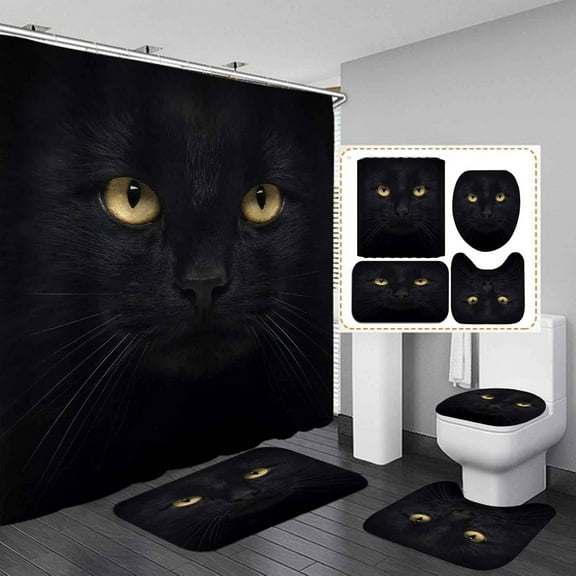 4PCS Black Panther Shower Curtain Sets, Black Cat with Yellow Eyes African Safari Wildlife Wild Animal Bathroom Decor, Waterproof Fabric Black Shower Curtain, Non-slip Bath Mat Toilet Lid Cover