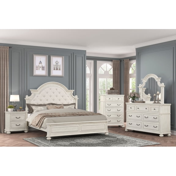 Roundhill Furniture Nelson French Traditional 5-Piece Bedroom Set, Antique White, King