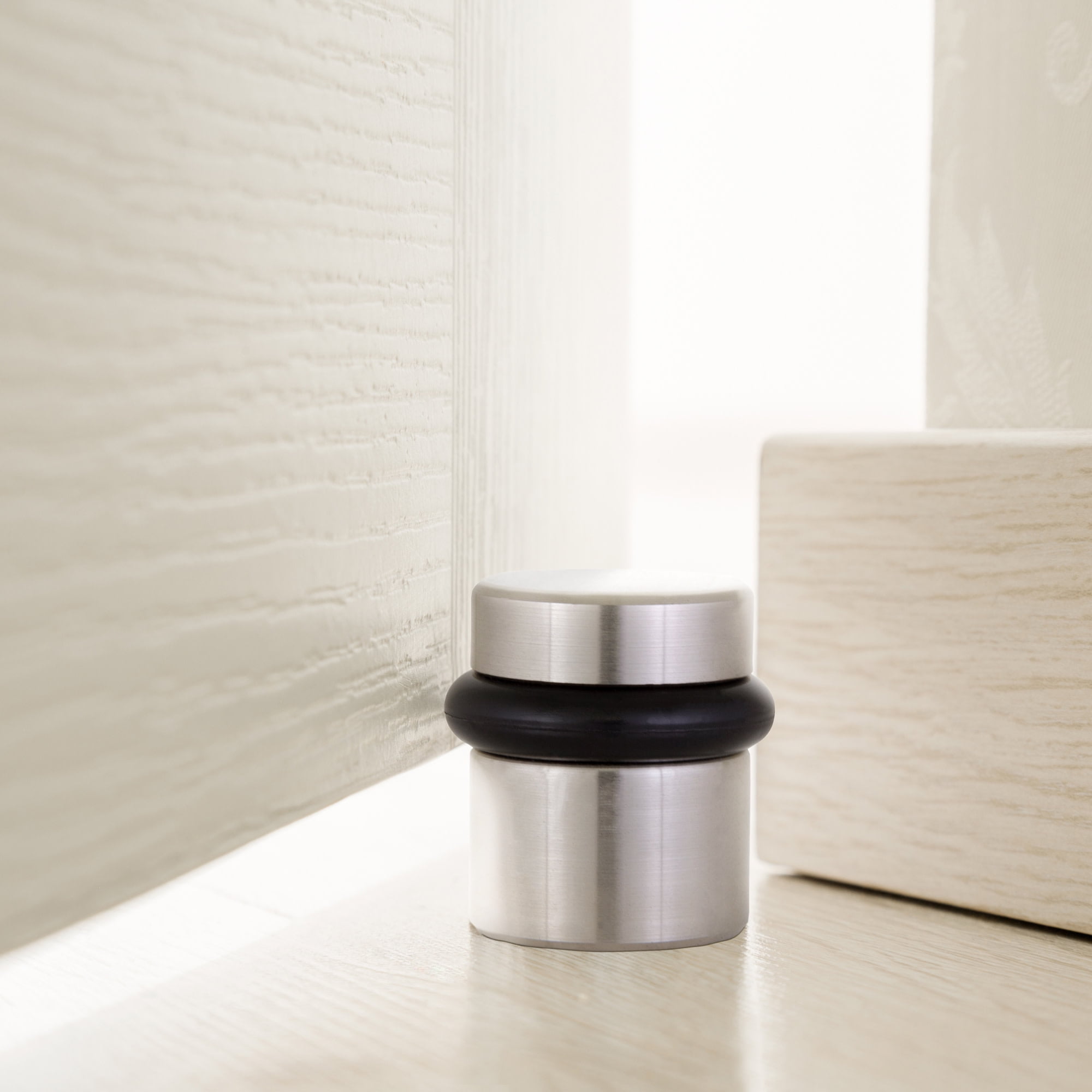 Design House 2-Pack Modern Cylindrical Floor Mounted Door Stops with Rubber Bumper, Satin Nickel