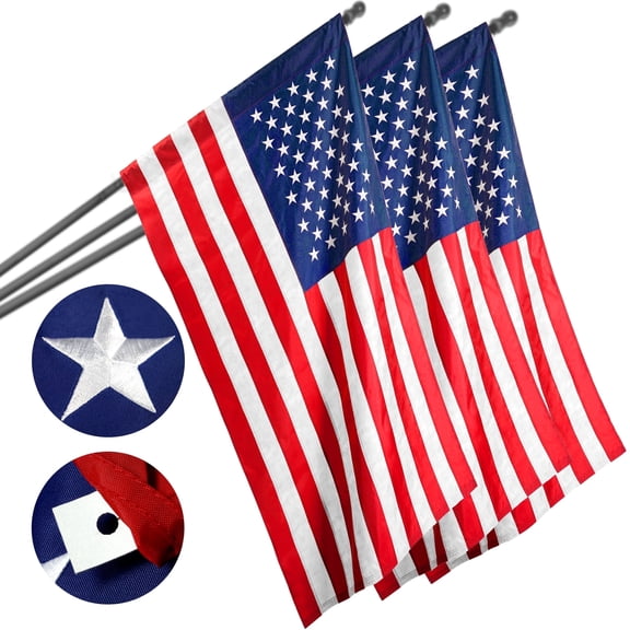 G128 Heavy Duty Sleeve Type, No Pole 2x3 ft, 3 Pack Embroidered American Flag 210D Polyester