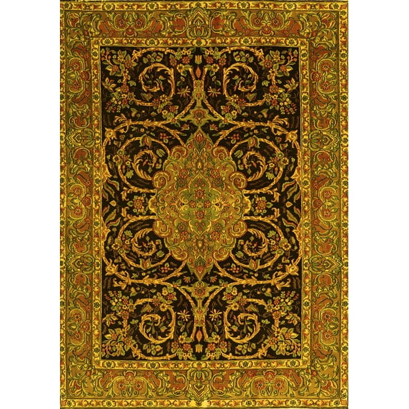 Ahgly Company Machine Washable Indoor Rectangle Medallion Yellow Traditional Area Rugs, 5' x 8'