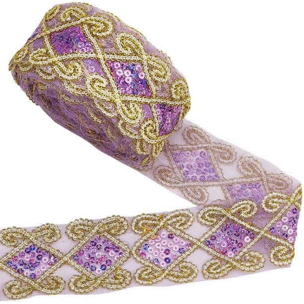 Cinta de encaje morado de 10 yardas con borde de encaje bordado y lentejuelas doradas de 63 mm de ancho.